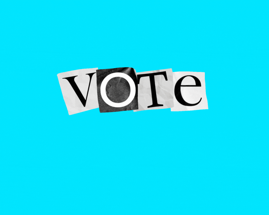 Animated newspaper letters spelling "vote".
